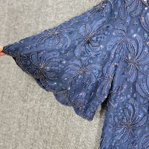 Laurence Kazar Blouse Womens M Blue Short Sleeve Sequin Beaded Shimmer Top - Picture 3 of 13